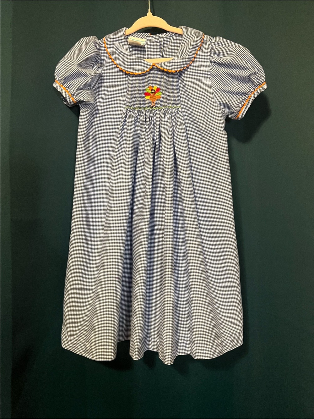 Simply Southern Blue Gingham Smocked Dress with Orange Trim and Turkey embrodery